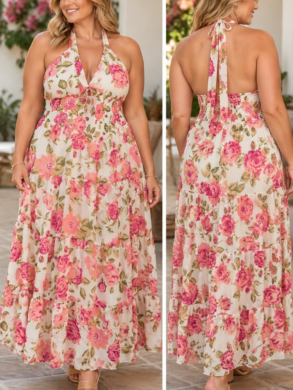 Francesca's Collections Pink Floral Backless Halter Maxi Dress